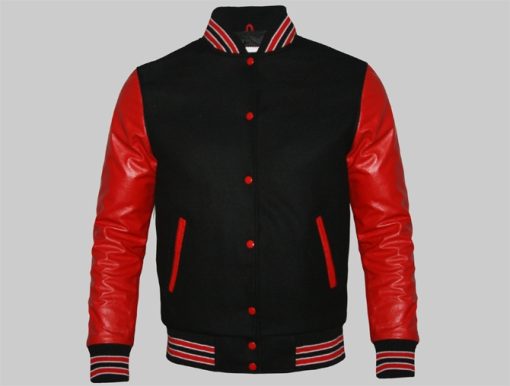 Men Black Wool And Red Leather Sleeves Letterman Versity Jackets