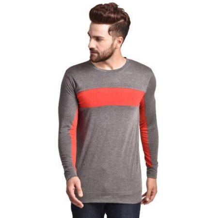 Men Solid gray Orange Ribbed Round Neck Full Long Sleeves Cotton Shirts