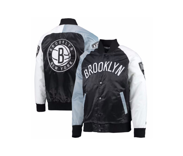 Black Satin Varsity Jacket With One White Sleeve And One Light Blue Sleeve
