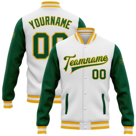 College Student Baseball Jackets with White & Green