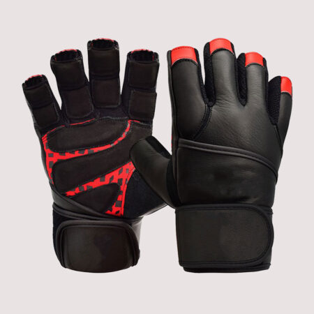 Leather Weight Lifting Heavy Duty Gym Gloves With Long Wrist Strap Colour Black/Red