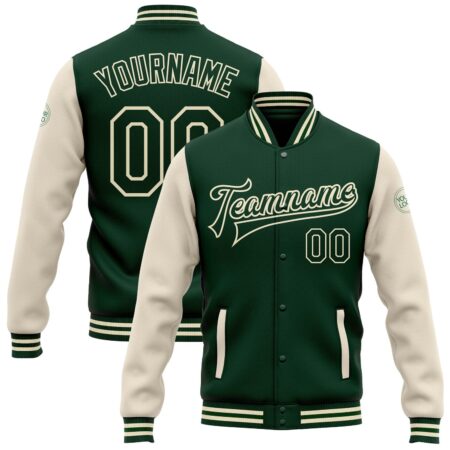 Student College Baseball Jackets with Green & Cream